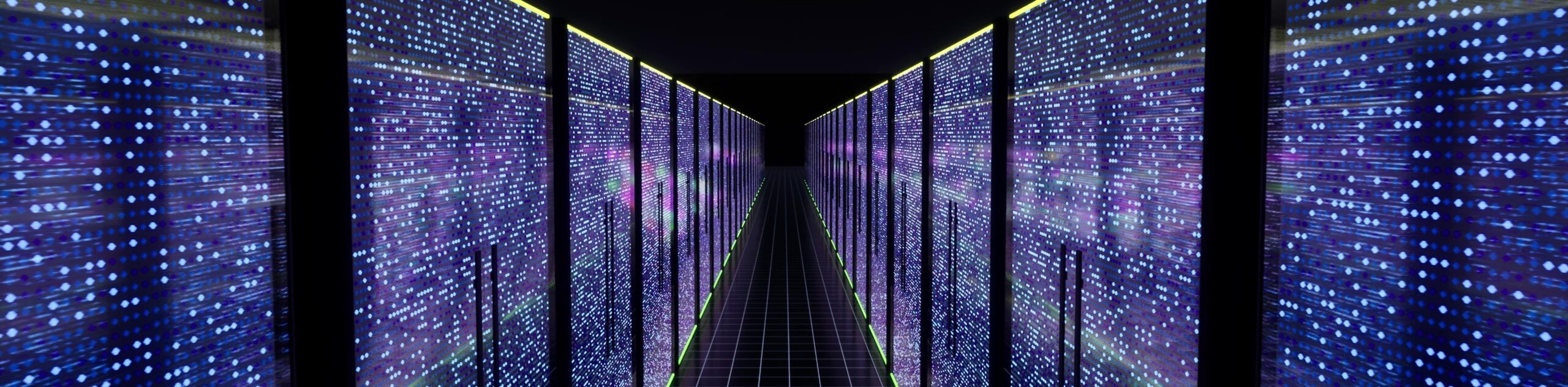 Modern data center servers room with neon lights AI iot learning 3d rendering Modern data center servers room with neon lights AI iot learning 3d rendering